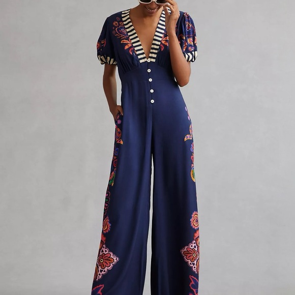 FARM Rio Pants - NWT Farm Rio Deep V Jumpsuit Size S Small Navy Blue Hearts Floral Tropical